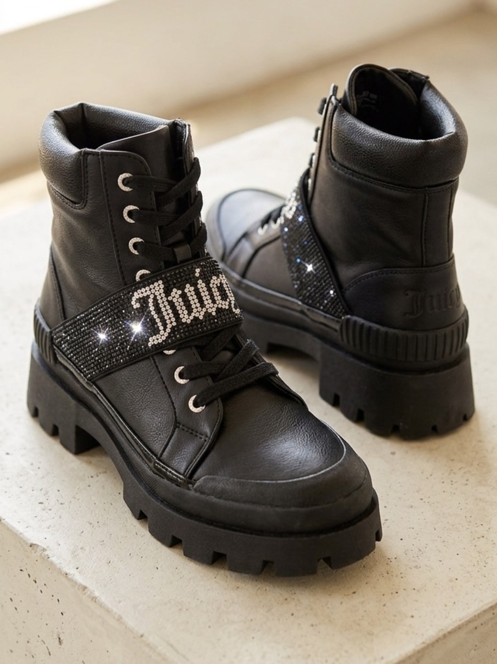 Juicy Couture Black Rhinestone Strap Lug Sole Ankle Boots